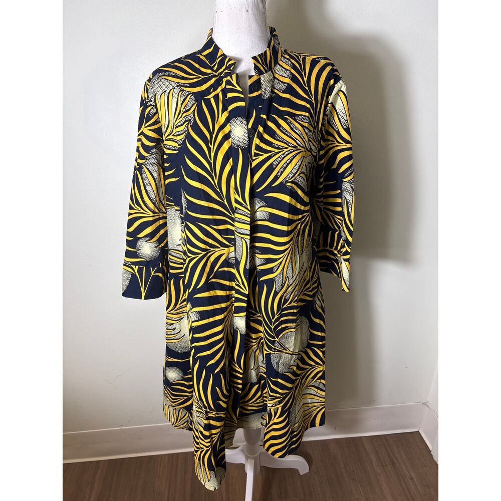 Zuri Dark Navy Yellow 3/4 Sleeve Knee Length Button Up Dress Sz M